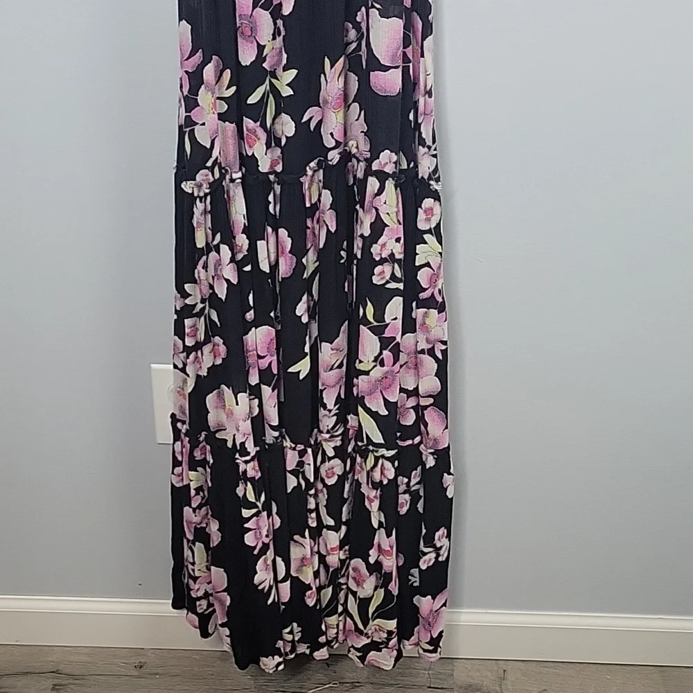 Free People Black Floral Smocked Maxi tiered Dress Long ties on shoulder